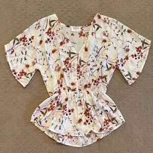 Sienna Sky Cream and Orange Peplum Blouse with Flutter Sleeves